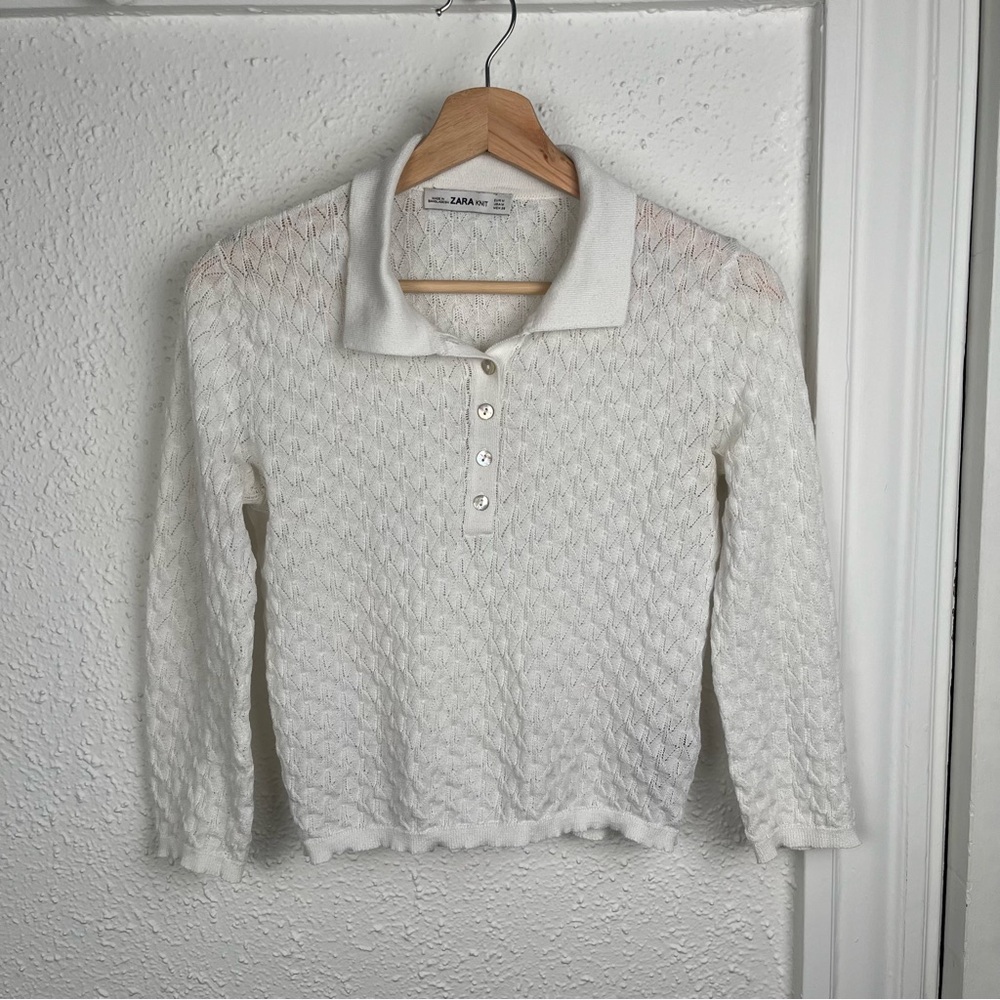 Zara White Textured collared sweater